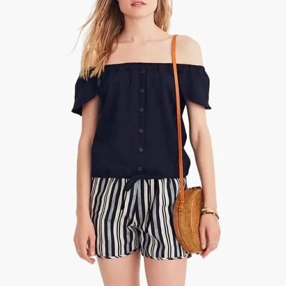 Madewell Texture & Thread Off The Shoulder Black Top with Tie Waist